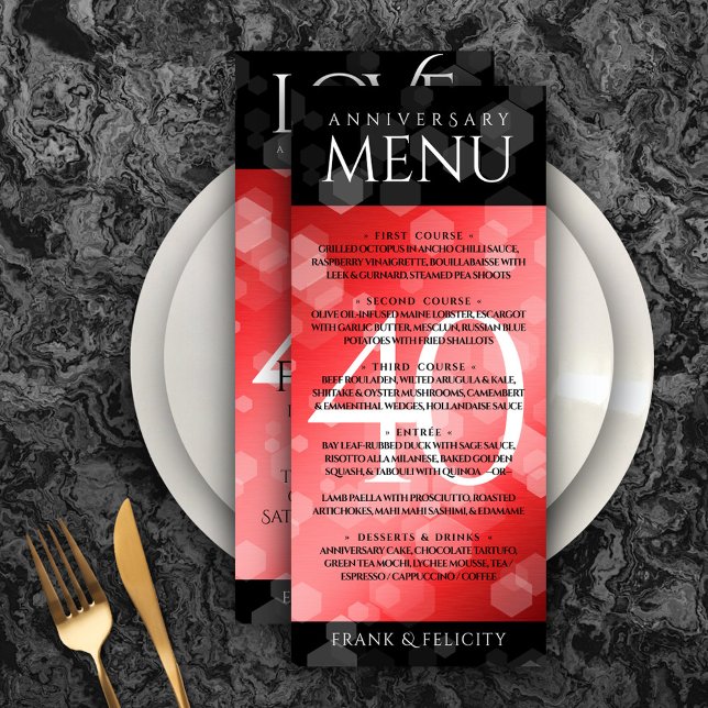 Elegant 40:e Ruby Bröllop-årsdagen Firande Meny (Elegant 40th Ruby Wedding Anniversary Menu Rack Card Cover Photo.)