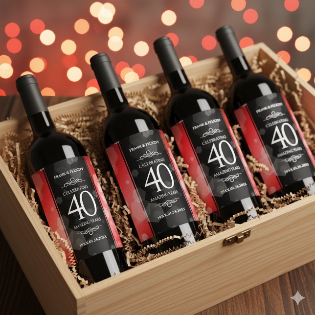 Elegant 40:e Ruby Bröllop-årsdagen Firande Vinflaska Etikett (40th Ruby Wedding Anniversary Wine/Liquor Drink Label Cover Photo)