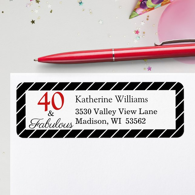Elegant 40 & Fabulous 40:e födelsedagssvartvitt Returadress Etikett (Elegant 40 & Fabulous 40th Birthday Black & White Return Address Label)