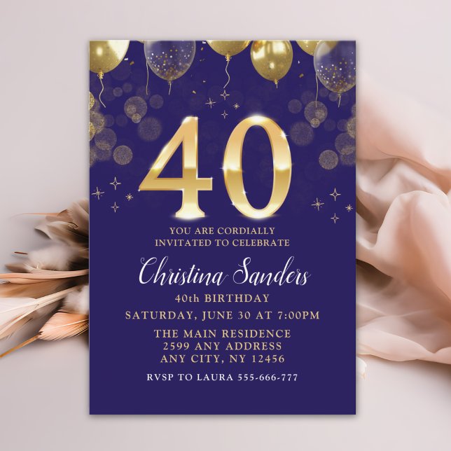 Elegant 40th Birthday Invitation with Gold Ballons Inbjudningar (Skapare uppladdad)