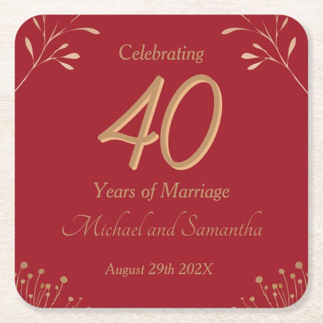 Elegant 40th Ruby Wedding Party Underlägg Papper Kvadrat (Framsidan)