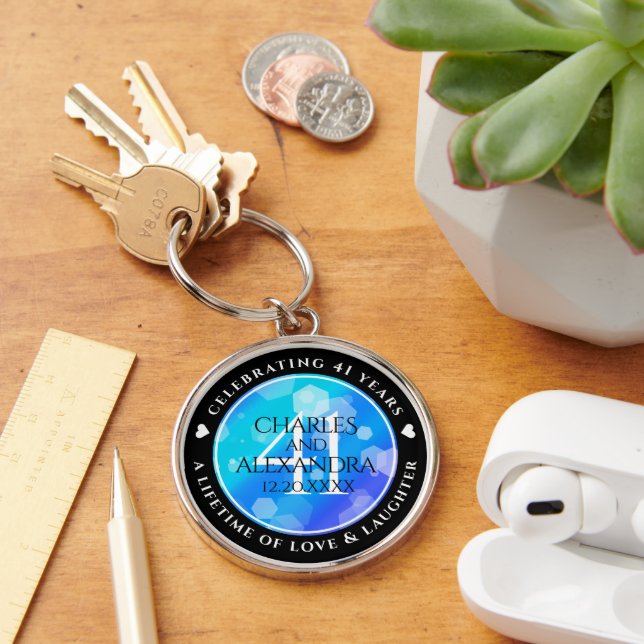 Elegant 41:a årsdagen av Blått Topaz-Bröllop Rund Silverfärgad Nyckelring (Skrivbord)