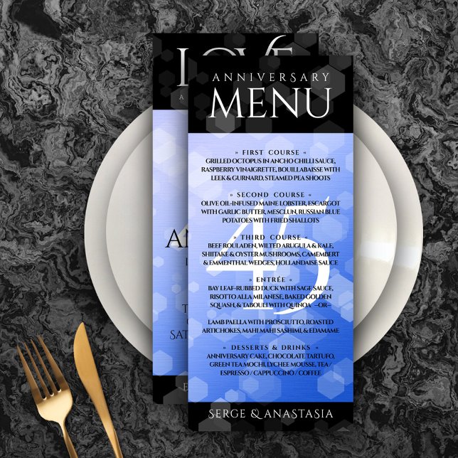 Elegant 45:e Sapphire-Bröllop-årsdagen Meny (Elegant 45th Sapphire Wedding Anniversary Menu Rack Card Cover Photo.)