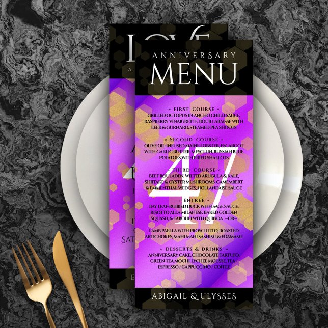 Elegant 47:e Amethyst Bröllop-årsdagen Meny (Elegant 47th Amethyst Wedding Anniversary Menu Rack Card Cover Photo.)