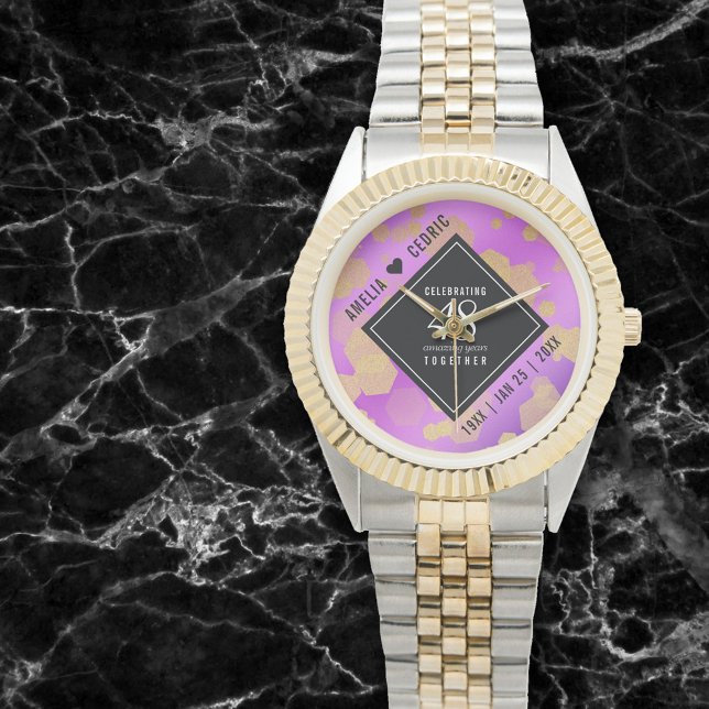 Elegant 48:e Amethyst Bröllop-årsdagen Armbandsur (48th amethyst wedding anniversary wristwatch on a black marble background)