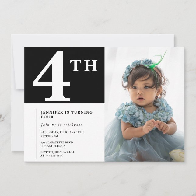 Elegant 4-års inbjudan Svart Chic Foto (Framsida)