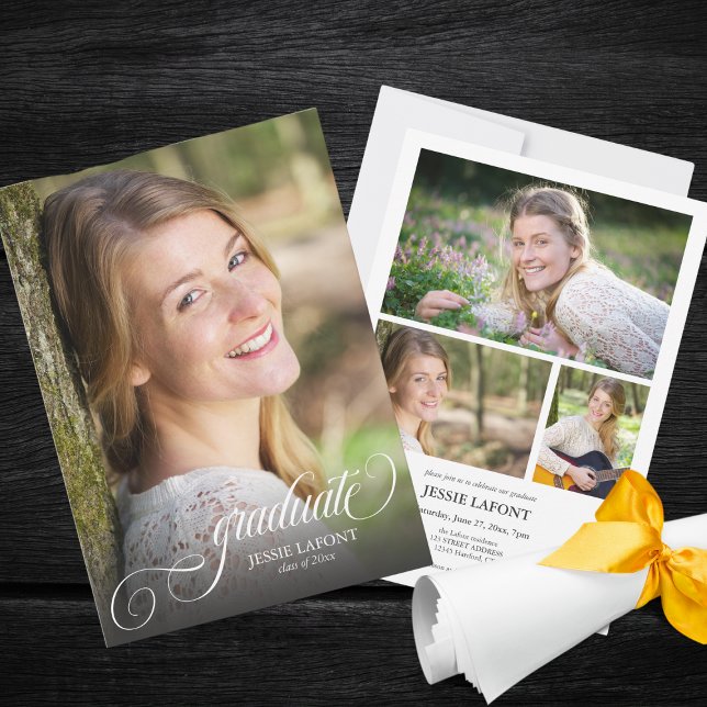 Elegant 4 Fotokalligrafi Studenten Inbjudningar (elegant custom 4 photo graduation party invitation with script calligraphy for new graduates)