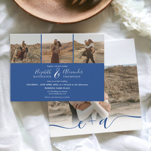 Elegant 4 Foton, modernt skript, blått bröllop Inbjudningar (Elegant 4 Photos modern script wedding blue white Invitation)