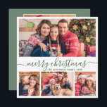 Elegant 4 Photo Collage Grönt Jul Julkort<br><div class="desc">Modern Minimalist Elegant Sage Grönt "God jul" Script 4 Photo Collage Helgdag Card. Den här snygga, vismliknande, fyra (4) fotokortsmallen har en söt fotokollage och säger "God jul"! Texten "God jul" hälsning är skriven i ett vackert handskrivet, snabbt och rostiskt svan-typsteckensnitt eller typografi i sidans grönt och vitt. På motsatt...</div>