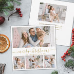 Elegant 4 Photo Collage Guld Script-jul Julkort<br><div class="desc">Elegant Modern Minimalist White och Guld "God jul" Calligraphy Script 4 Photo Collage Helgdag Card. Den här snygga, vismliknande, fyra (4) fotokortsmallen har en söt fotokollage och säger "God jul"! Texten "God jul" hälsning är skriven i ett vackert handskrivet, snabbt och färdigt, svan i guld på vit färg-bakgrund. På motsatt...</div>