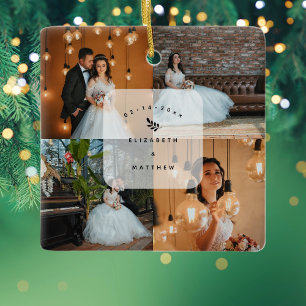 Elegant 4 Photo Collage Newlyweds Bröllop Photo Julgransprydnad Keramik