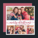 Elegant 4 Photo Collage Red Script-jul Julkort<br><div class="desc">Modern Minimalistisk Elegant Vitt och Rött "God jul"-skript 4 fotosamlingskort för Helgdag. Den här snygga, vismliknande, fyra (4) fotokortsmallen har en söt fotokollage och säger "God jul"! Texten "God jul" hälsning är skriven i ett vackert handskrivet rostilt svan-typens kalligrafi eller typografi i rött vitt. På motsatt sida med hälsning-textmallen med...</div>