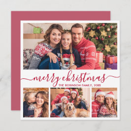 Elegant 4 Photo Collage Red Script-jul Julkort