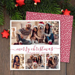 Elegant 4 Photo Collage Red Script Snöjul Julkort<br><div class="desc">Minimalistiskt Modern Elegant Calligraphy White and Red 4 Photo Collage God jul Calligraphy Script Helgdag Card. Den här festiva, imimalistiska, vismatiska 4 (4) fotokortsmallen innehåller en söt fotokollage och säger "God jul"! Texten "God jul" hälsning är skriven i ett vackert handsbrev med ett rött och vitt teckensnitt i svan. På...</div>