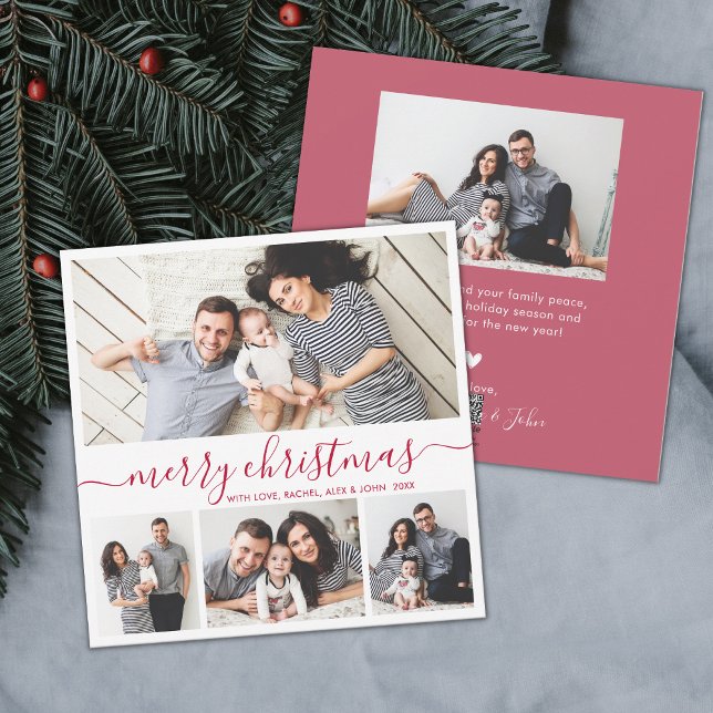 Elegant 4 Photo Collage Red White-jul Julkort (Skapare uppladdad)