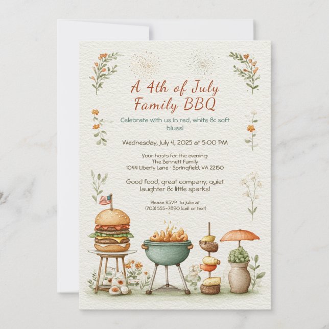 Elegant 4th of July BBQ Invitation – Soft Line Art Inbjudningar (Framsida)