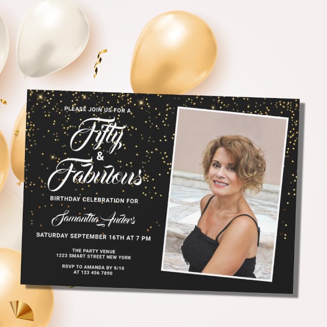 Elegant 50 and Fabulous Black Gold Glitter Photo Inbjudningar (Skapare uppladdad)