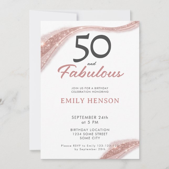 Elegant 50 and Fabulous Rose Gold Birthday Inbjudningar (Framsida)