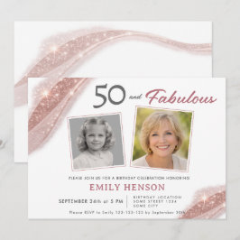 Elegant 50 and Fabulous Rose Gold Photo Birthday Inbjudningar