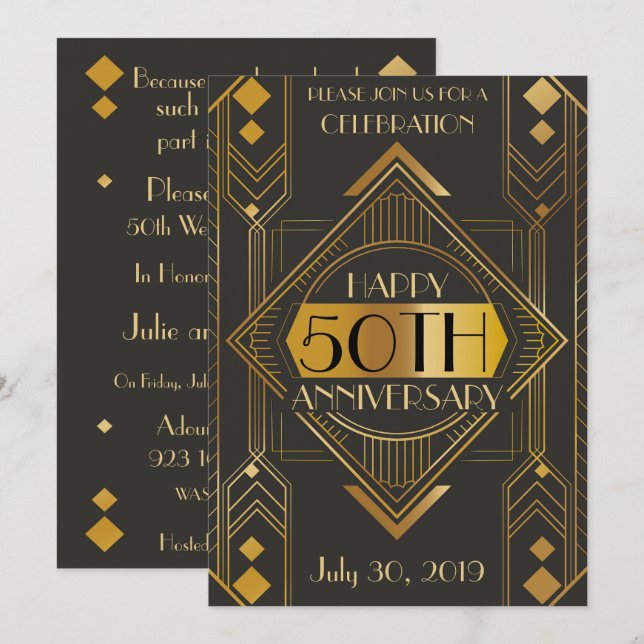 Elegant 50-års Art Deco-jubileumsinbjudan Inbjudningar (Fram/baksida)