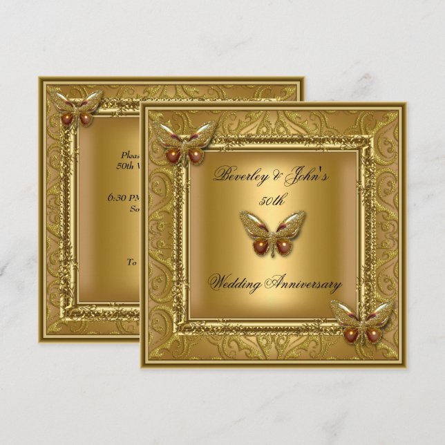 Elegant 50-års bröllopsdag Golden Damask Inbjudningar (Fram/baksida)