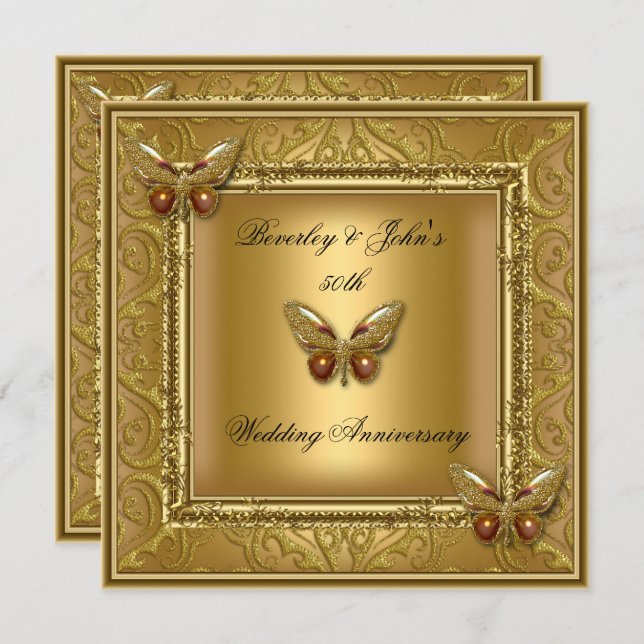 Elegant 50-års bröllopsdag Guld Damast Inbjudningar (Fram/baksida)