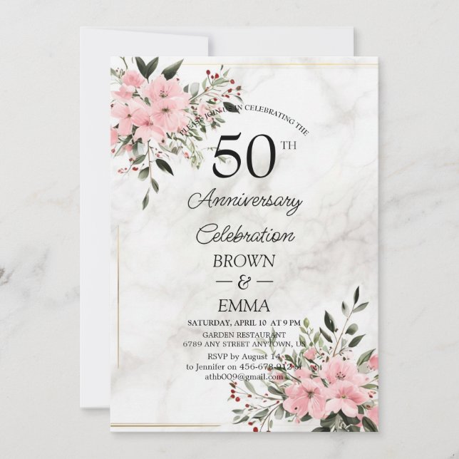 Elegant 50-års bröllopsjubileum Blommig Firande Inbjudningar (Framsida)