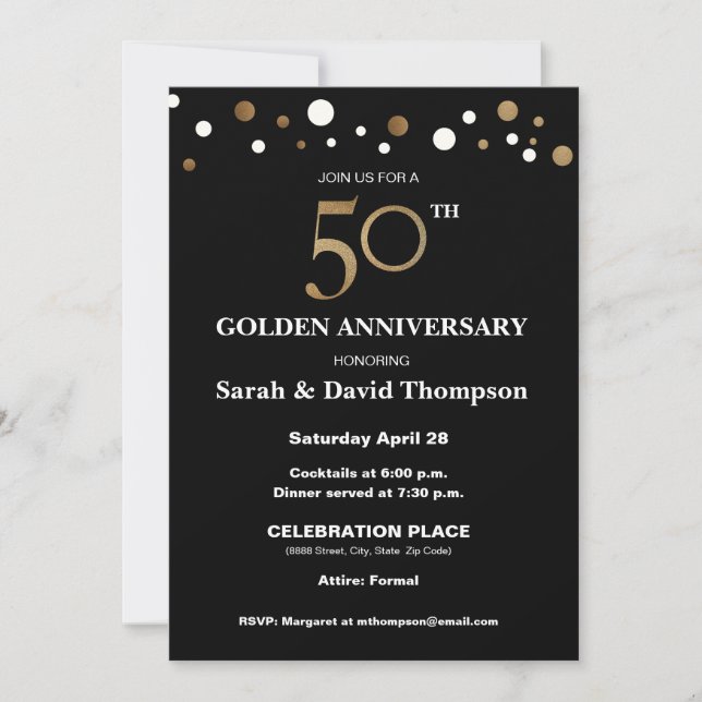 Elegant 50-års bröllopsjubileum Guld och svart Inbjudningar (Framsida)
