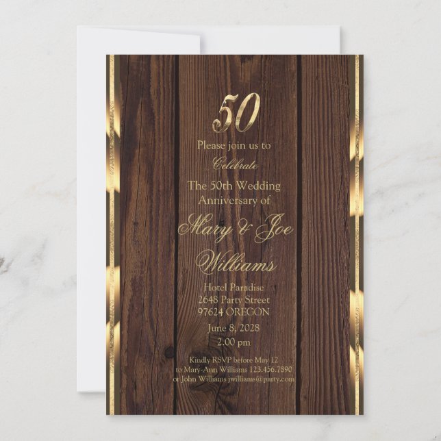 Elegant 50-års bröllopsjubileum Guld Rustik Trä Inbjudningar (Baksida)