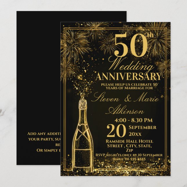 Elegant 50-års bröllopsjubileum Guldflaska Fizz Inbjudningar (Fram/baksida)