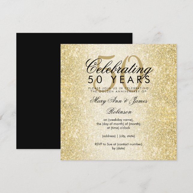 Elegant 50-års bröllopsjubileum Guldglitter Inbjudningar (Fram/baksida)
