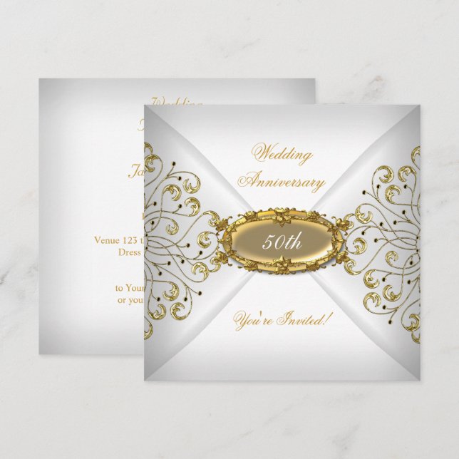 Elegant 50-års bröllopsjubileum Vitt Guld Inbjudningar (Fram/baksida)