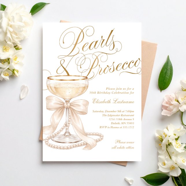 Elegant 50-års födelsedag Pärlor och Prosecco Inbjudningar (Elegant 50th Birthday Pearls and Prosecco Invitation)