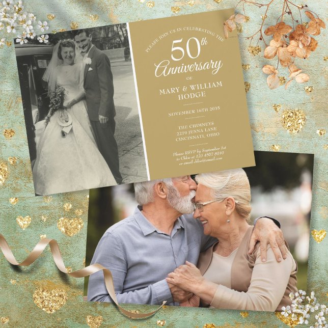 Elegant 50-års guldbröllopsjubileum 2 Foto Inbjudningar (Elegant 50th Golden Wedding Anniversary 2 Photo Invitation)