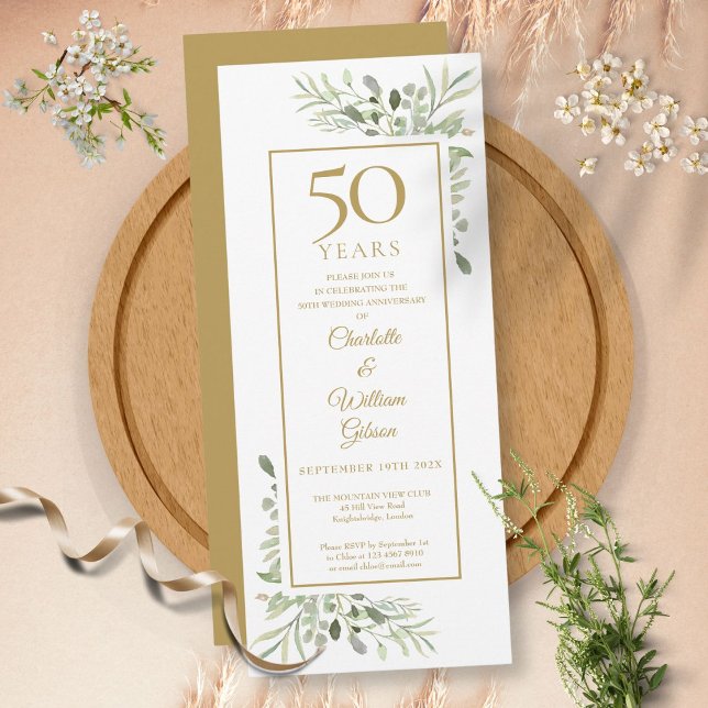 Elegant 50-års guldjubileum vattenfärggrönska inbjudningar (Elegant 50th Gold Anniversary Watercolor Greenery Invitation)