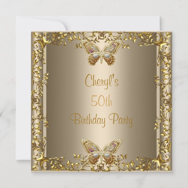 Elegant 50-årsdag Brons Guld Fjäril Inbjudningar (Framsida)