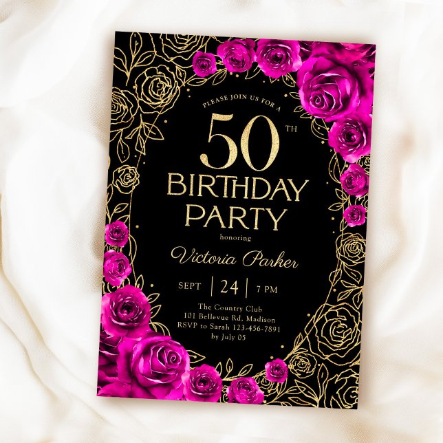 Elegant 50-årsdag Fuchsia Rosa Svart & Guld Inbjudningar (Skapare uppladdad)
