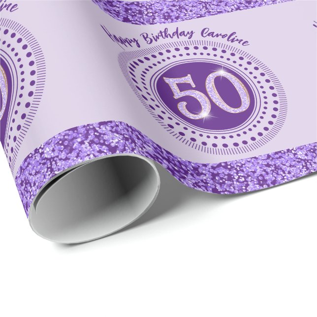 Elegant 50-årsdag Lila Glitter med Ränder Presentpapper (Rullad Hörn)