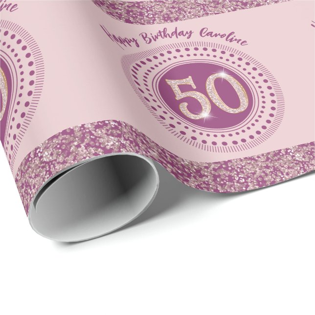Elegant 50-årsdag Rose Guld Glitter & Ränder Presentpapper (Rullad Hörn)