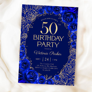 Elegant 50-årsdag Royalblå Guld Blommig Inbjudningar