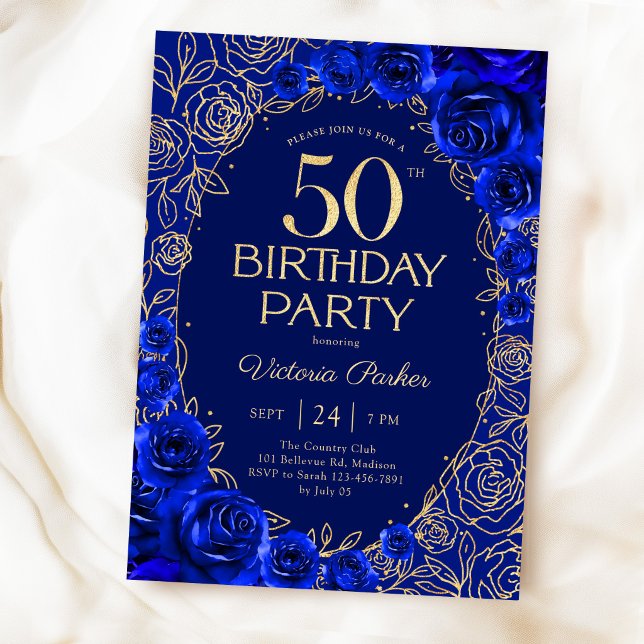 Elegant 50-årsdag Royalblå Guld Blommig Inbjudningar (Skapare uppladdad)
