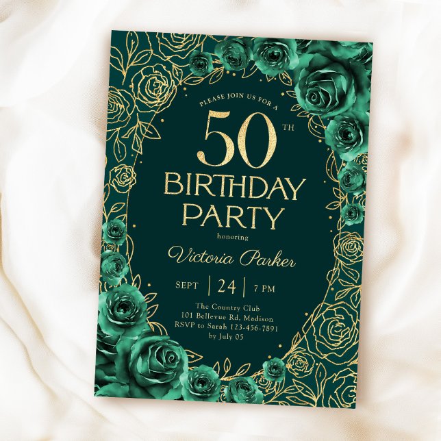 Elegant 50-årsdag Smaragdgrön Guld Blommig Inbjudningar (Skapare uppladdad)