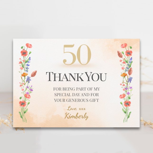 Elegant 50-årsdag – Wildflower Design Tack Kort (Skapare uppladdad)