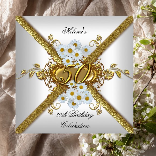 Elegant 50-årsfest Vit Tusenskönhet Guld Inbjudningar (Skapare uppladdad)