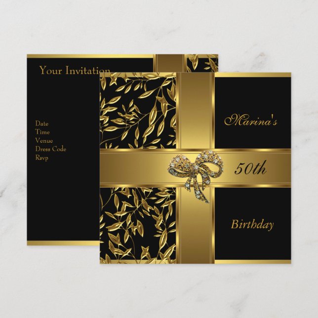 Elegant 50-årsfirande svart guld blommig båge 2 inbjudningar (Fram/baksida)