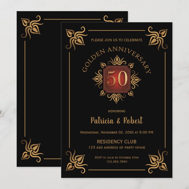 Elegant 50-årsjubileum för bröllop svart och guld inbjudningar (Fram/baksida)