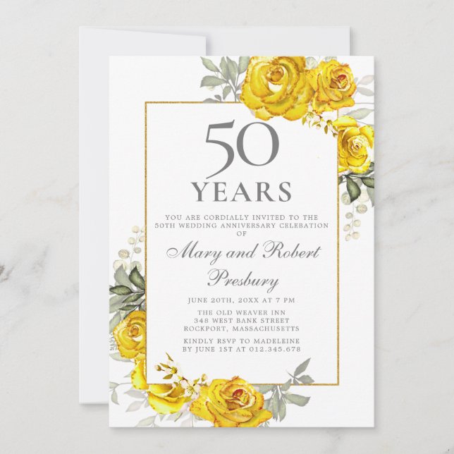Elegant 50-årsjubileum Gul Ros Blommig Inbjudningar (Framsida)