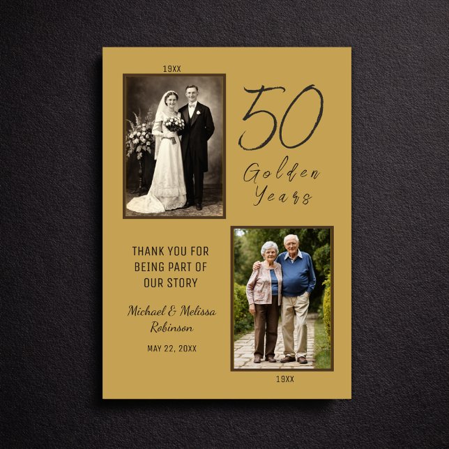 Elegant 50-årsjubileum Guld Foto Tack Kort (Clean flat lay view of gold 50th anniversary thank you card)