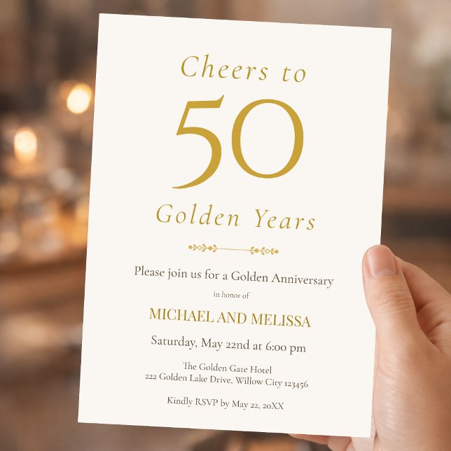 Elegant 50-årsjubileum Guld Minimal Klassisk Inbjudningar (Classic 50 golden years invitation with timeless minimal style)