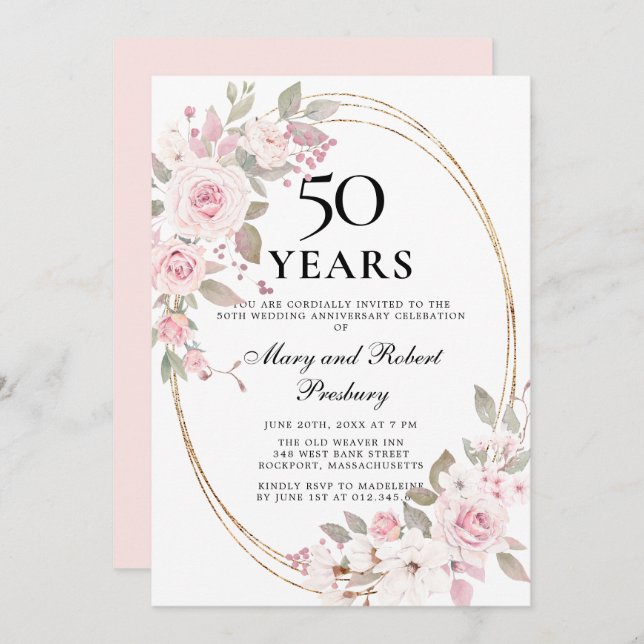Elegant 50-årsjubileum Rosa Ros Blommig Inbjudan (Fram/baksida)